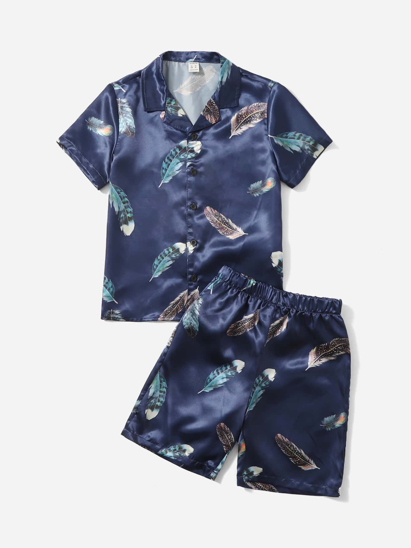 SHEIN 男孩1入組羽毛印花緞面襯衫和1入組短褲睡衣套裝 - 藏蓝色 - 查看 1