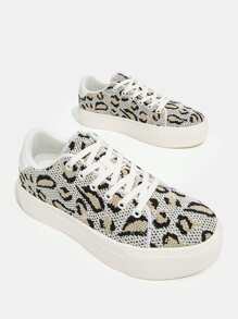 Cuccoo Leopard Lace-up Front Knit Sneakers - Beige - View 4