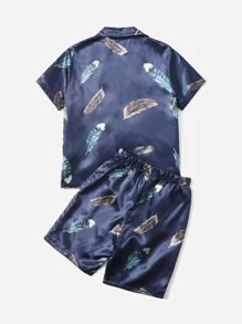 SHEIN 男孩1入組羽毛印花緞面襯衫和1入組短褲睡衣套裝 - 藏蓝色 - 查看 2