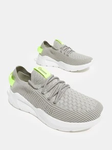 Lace-up Front Knit Wide Fit Running Shoes - Grey - View 2
