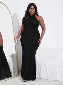 SHEIN Plus Backless Split Back Halter Dress - Black - View 1