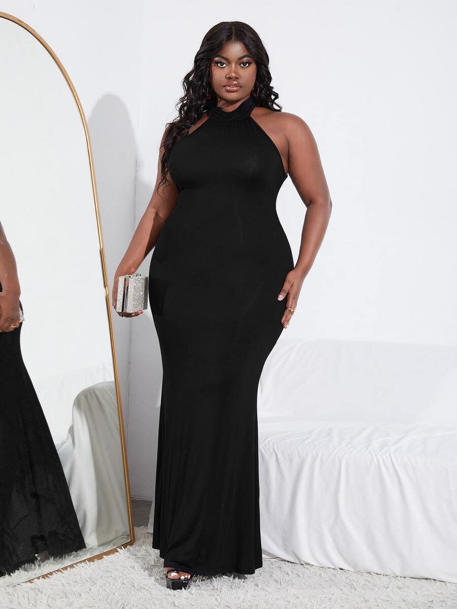 SHEIN Plus Backless Split Back Halter Dress - Black - View 1