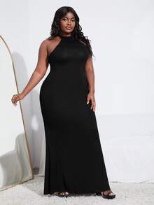 SHEIN Plus Backless Split Back Halter Dress - Black - View 4