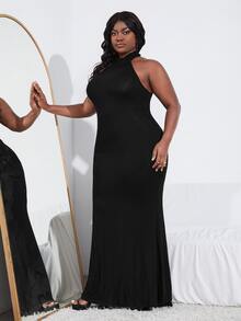 SHEIN Plus Backless Split Back Halter Dress - Black - View 3