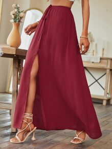 Split Thigh Knot Waist Skirt - Burgundy - View 1