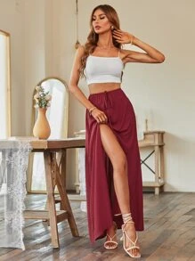 Split Thigh Knot Waist Skirt - Burgundy - View 3