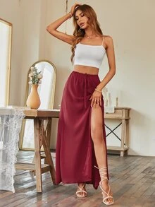 Split Thigh Knot Waist Skirt - Burgundy - View 5