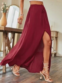 Split Thigh Knot Waist Skirt - Burgundy - View 6