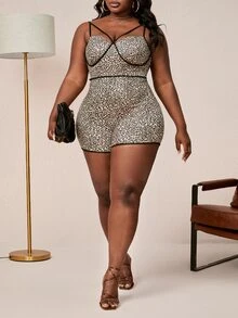 SHEIN SXY 大碼豹紋印花撞色滾邊吊帶連體短褲 - 彩色 - 查看 4