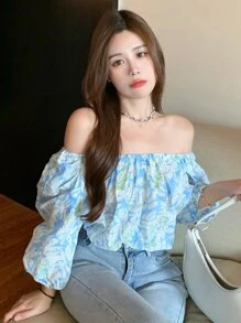 滿版植物圖案露肩上衣 - 淺藍色 - 查看 1