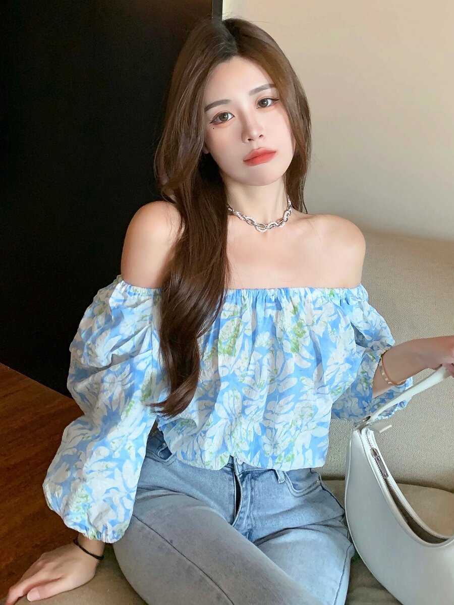 滿版植物圖案露肩上衣 - 淺藍色 - 查看 1