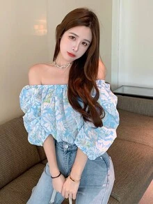 滿版植物圖案露肩上衣 - 淺藍色 - 查看 3