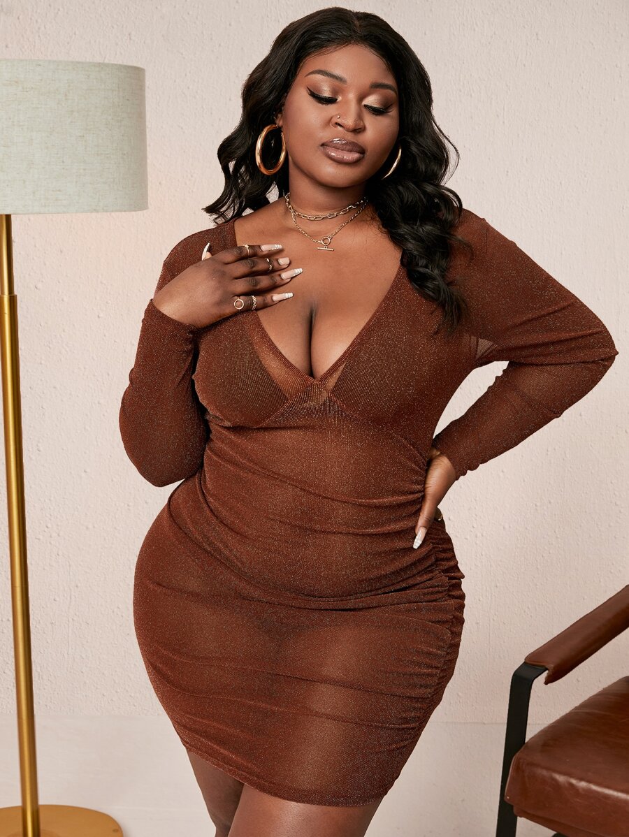 Maweii Đầm Plus Size Xù màu trơn Hấp dẫn - Cà phê nâu - Xem 1