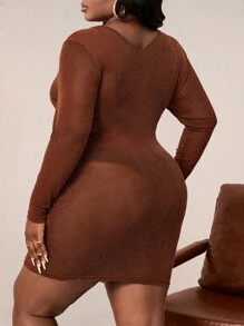 Maweii Đầm Plus Size Xù màu trơn Hấp dẫn - Cà phê nâu - Xem 2