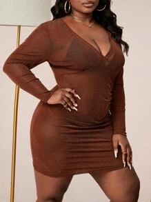 Maweii Đầm Plus Size Xù màu trơn Hấp dẫn - Cà phê nâu - Xem 3