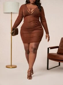 Maweii Đầm Plus Size Xù màu trơn Hấp dẫn - Cà phê nâu - Xem 4