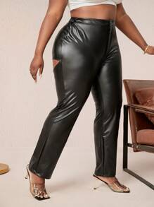 Slaydiva Quần Plus Size Nút Cắt ra Dây kéo màu trơn Giải trí - màu đen - Xem 4