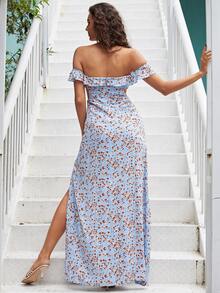 Missord Allover Floral Print Off Shoulder Ruffle Trim Split Thigh Dress - Multicolor - View 2