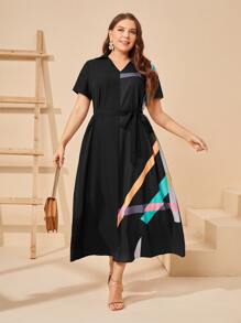 EMERY ROSE Vestido con cinturón con estampado de rayas - Negro - Ver 4