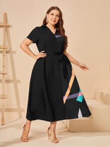 EMERY ROSE Vestido con cinturón con estampado de rayas - Negro - Ver 3