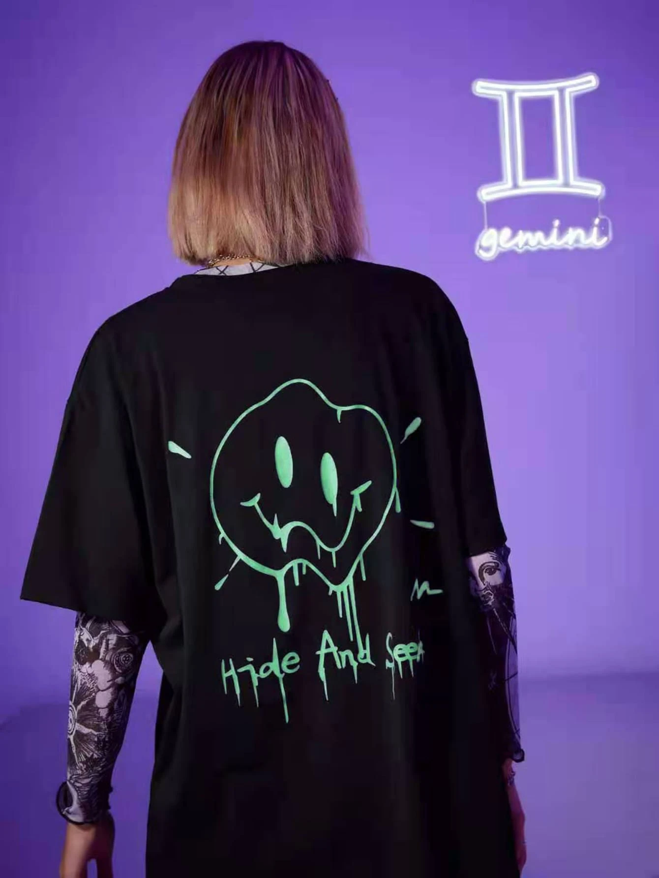 ROMWE Cartoon Slogan Graphic Tee Without Mesh Top - Black - View 1