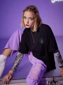 ROMWE Cartoon Slogan Graphic Tee Without Mesh Top - Black - View 2