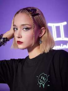 ROMWE Cartoon Slogan Graphic Tee Without Mesh Top - Black - View 3