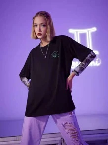 ROMWE Cartoon Slogan Graphic Tee Without Mesh Top - Black - View 4