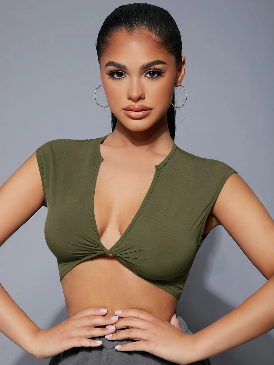 SHEIN SXY 深V領扭結T恤 - 軍綠色 - 查看 1