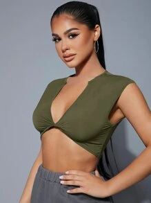 SHEIN SXY 深V領扭結T恤 - 軍綠色 - 查看 3