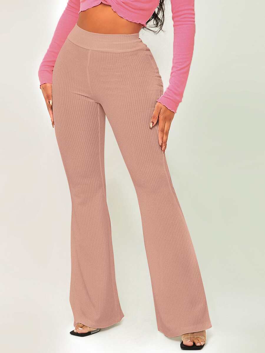 SHEIN SXY Quần nữ Gân đan màu trơn Giải trí - Bụi hồng - Xem 1