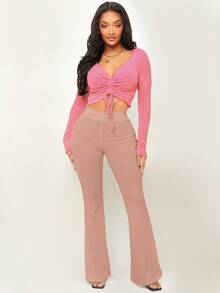 SHEIN SXY Quần nữ Gân đan màu trơn Giải trí - Bụi hồng - Xem 4