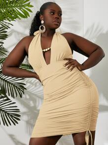 Slaydiva Plus Plunging Neck Backless Drawstring Side Mesh Halter Bodycon Dress