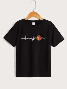 SHEIN Tween Boys' Basketball ECG Printed Short Sleeve T-Shirt For Casual Daily Wear, Summer - Black - View 1