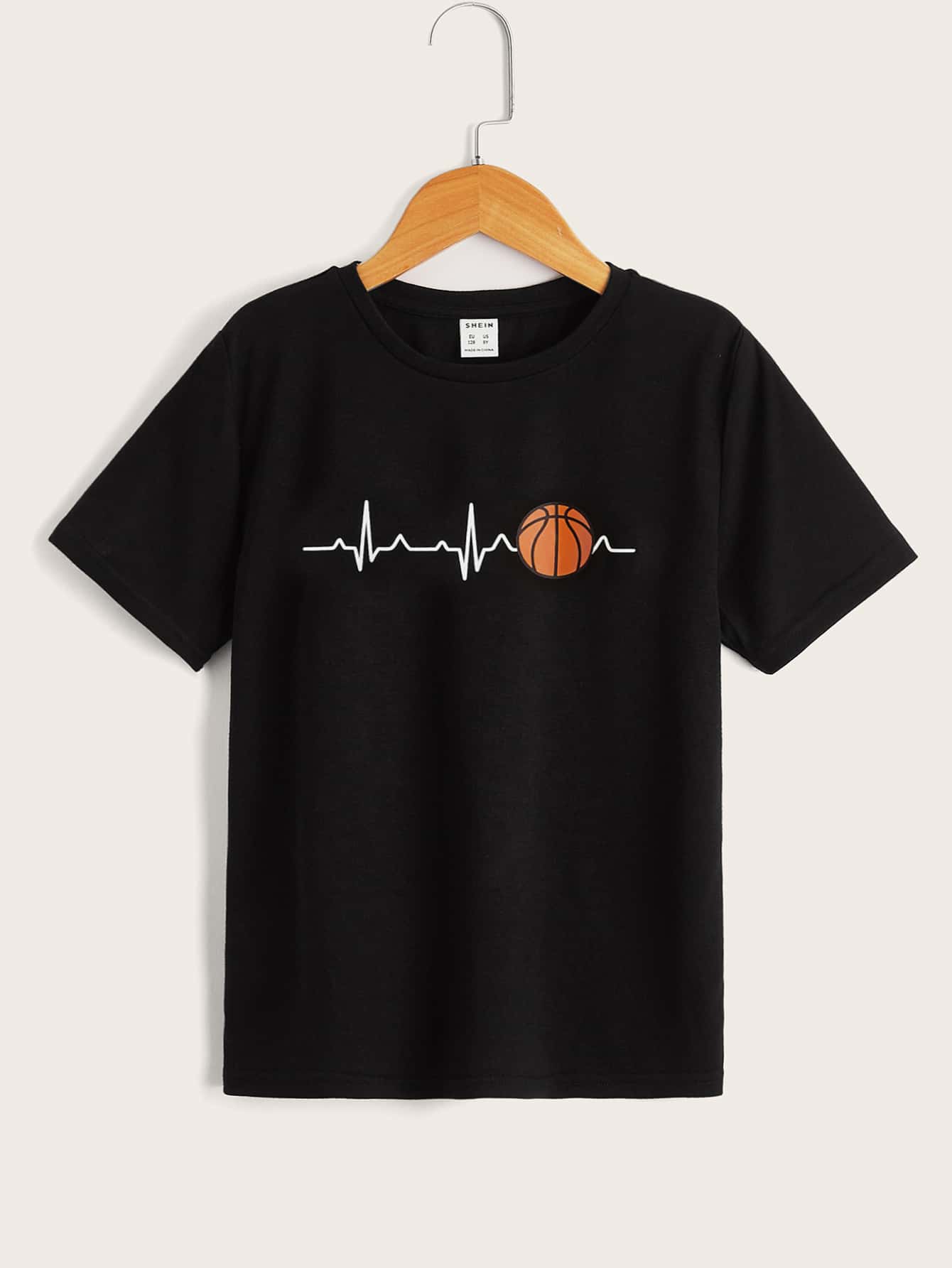 SHEIN Tween Boys' Basketball ECG Printed Short Sleeve T-Shirt For Casual Daily Wear, Summer - Black - View 1