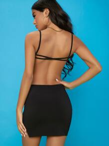 SHEIN BAE Crisscross Backless Slit Hem Bodycon Dress - Black - View 2