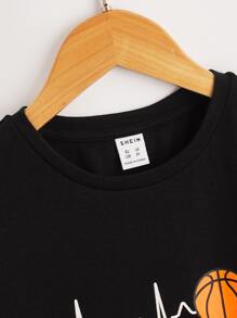 SHEIN Tween Boys' Basketball ECG Printed Short Sleeve T-Shirt For Casual Daily Wear, Summer - Black - View 3