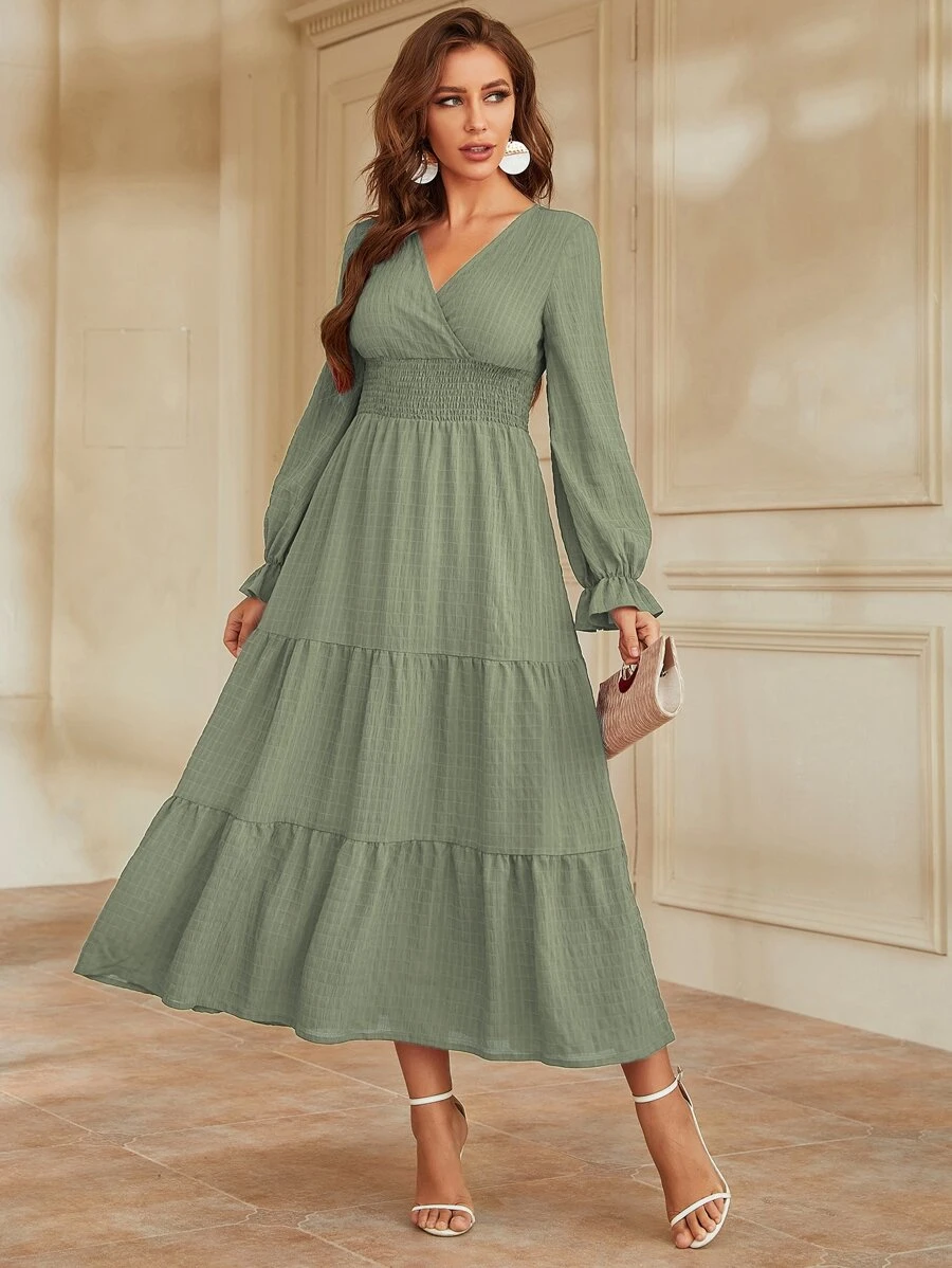 Mulvari Flounce Sleeve Shirred Waist Ruffle Hem Dress - Mint Green - View 1