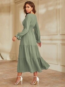 Mulvari Flounce Sleeve Shirred Waist Ruffle Hem Dress - Mint Green - View 2
