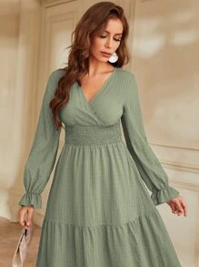 Mulvari Flounce Sleeve Shirred Waist Ruffle Hem Dress - Mint Green - View 3