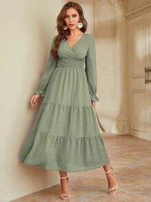 Mulvari Flounce Sleeve Shirred Waist Ruffle Hem Dress - Mint Green - View 4