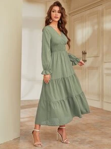 Mulvari Flounce Sleeve Shirred Waist Ruffle Hem Dress - Mint Green - View 5
