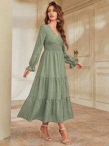 Mulvari Flounce Sleeve Shirred Waist Ruffle Hem Dress - Mint Green - View 6