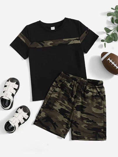 SHEIN 2pcs/Set Young Boy Camouflage Print T-Shirt And Shorts Casual Sports Set
