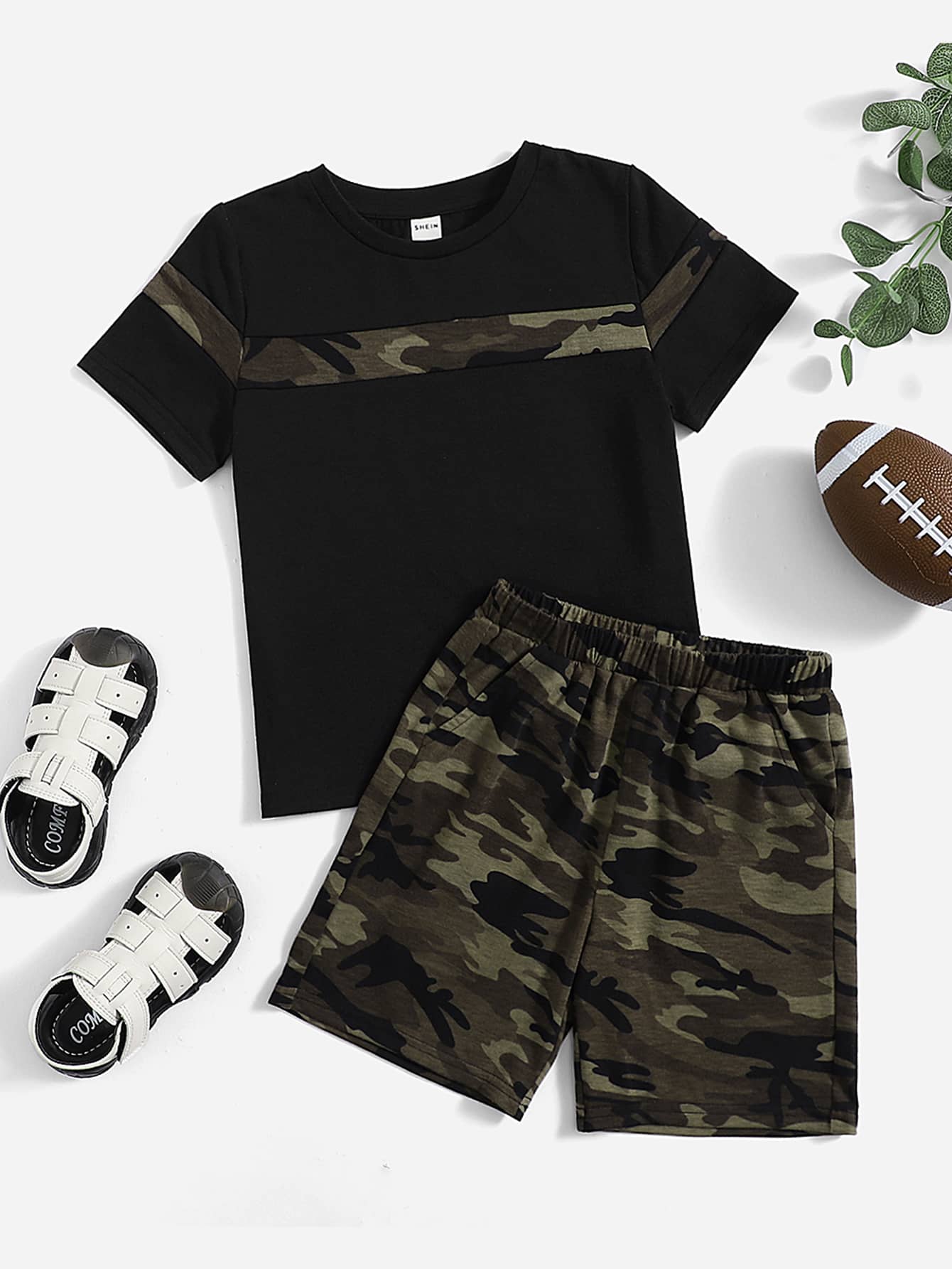 SHEIN 2pcs/Set Young Boy Camouflage Print T-Shirt And Shorts Casual Sports Set - Multicolor - View 1