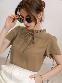 Modelyn Blusa de cuello con cordón de manga farol - Caqui - Ver 1