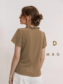 Modelyn Blusa de cuello con cordón de manga farol - Caqui - Ver 2