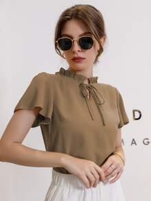 Modelyn Blusa de cuello con cordón de manga farol - Caqui - Ver 3