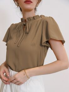 Modelyn Blusa de cuello con cordón de manga farol - Caqui - Ver 4