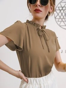 Modelyn Blusa de cuello con cordón de manga farol - Caqui - Ver 5